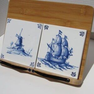 Royal Delft B1653 Glaze Fired Blue Tile with Dutch ships and windmills
